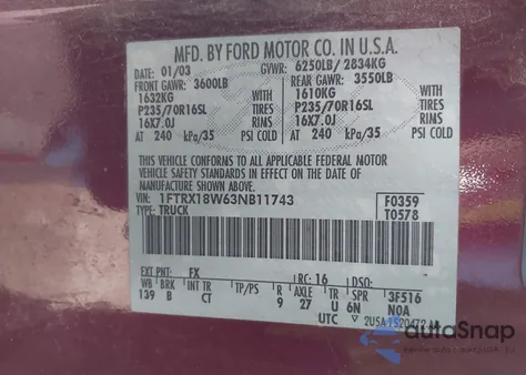 2003 Ford F-150 Lariat/Xl/Xlt z USA, uszkodzony, nr VIN 1FTRX18W63NB11743